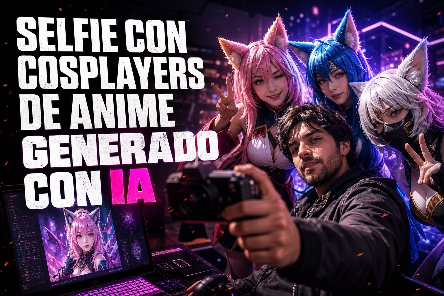 Selfie con cosplayers de anime generado con IA
